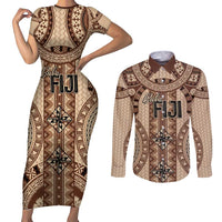 Bula Fiji Vintage Couples Matching Short Sleeve Bodycon Dress and Long Sleeve Button Shirt Brown Masi Motifs