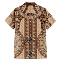 Bula Fiji Vintage Family Matching Off The Shoulder Long Sleeve Dress and Hawaiian Shirt Brown Masi Motifs