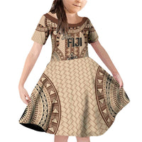 Bula Fiji Vintage Family Matching Off Shoulder Short Dress and Hawaiian Shirt Brown Masi Motifs