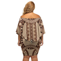 Bula Fiji Vintage Family Matching Off Shoulder Short Dress and Hawaiian Shirt Brown Masi Motifs