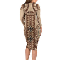 Bula Fiji Vintage Long Sleeve Bodycon Dress Brown Masi Motifs