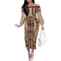 Bula Fiji Vintage Off The Shoulder Long Sleeve Dress Brown Masi Motifs LT7 Women Brown - Polynesian Pride