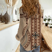 Bula Fiji Vintage Women Casual Shirt Brown Masi Motifs LT7 - Polynesian Pride