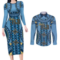 Bula Fiji Vintage Couples Matching Long Sleeve Bodycon Dress and Long Sleeve Button Shirt Prussian Blue Masi Motifs