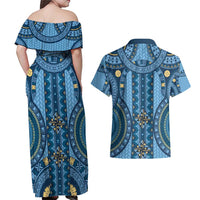 Bula Fiji Vintage Couples Matching Off Shoulder Maxi Dress and Hawaiian Shirt Prussian Blue Masi Motifs