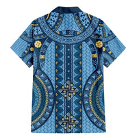 Bula Fiji Vintage Family Matching Mermaid Dress and Hawaiian Shirt Prussian Blue Masi Motifs