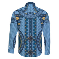 Bula Fiji Vintage Family Matching Off The Shoulder Long Sleeve Dress and Hawaiian Shirt Prussian Blue Masi Motifs