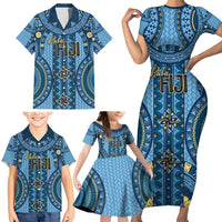Bula Fiji Vintage Family Matching Short Sleeve Bodycon Dress and Hawaiian Shirt Prussian Blue Masi Motifs