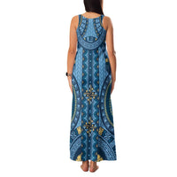 Bula Fiji Vintage Family Matching Tank Maxi Dress and Hawaiian Shirt Prussian Blue Masi Motifs