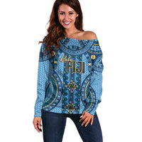 Bula Fiji Vintage Off Shoulder Sweater Prussian Blue Masi Motifs