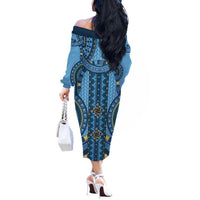 Bula Fiji Vintage Off The Shoulder Long Sleeve Dress Prussian Blue Masi Motifs LT7 - Polynesian Pride