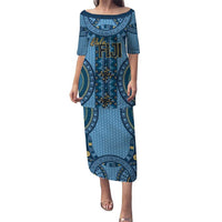 Bula Fiji Vintage Puletasi Prussian Blue Masi Motifs LT7 Long Dress Prussian Blue - Polynesian Pride
