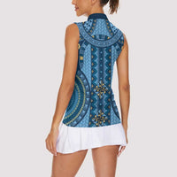 Bula Fiji Vintage Women Sleeveless Polo Shirt Prussian Blue Masi Motifs
