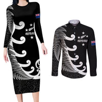 Personalised New Zealand Rugby Couples Matching Long Sleeve Bodycon Dress and Long Sleeve Button Shirts Aotearoa Silver Fern Koru Maori Style LT7 Black - Polynesian Pride