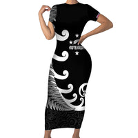 Personalised New Zealand Rugby Short Sleeve Bodycon Dress Aotearoa Silver Fern Koru Maori Style LT7 Long Dress Black - Polynesian Pride