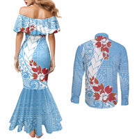 Bula Fiji Day Couples Matching Mermaid Dress and Long Sleeve Button Shirt Tagimaucia on Masi Pattern - Turquoise