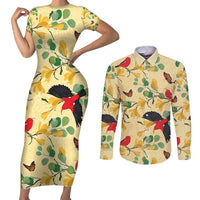 Aloha Hawaii Couples Matching Short Sleeve Bodycon Dress and Long Sleeve Button Shirt I'iwi on Mamane Pastel Cream