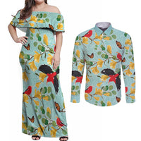 Aloha Hawaii Couples Matching Off Shoulder Maxi Dress and Long Sleeve Button Shirt I'iwi on Mamane Pastel Turquoise