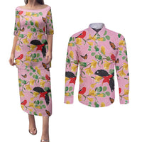 Aloha Hawaii Couples Matching Puletasi and Long Sleeve Button Shirt I'iwi on Mamane Pastel Pink