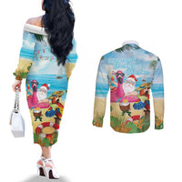 Have Yourself A Beachy Little Christmas Couples Matching Off The Shoulder Long Sleeve Dress and Long Sleeve Button Shirt with Santa Chilling - Polynesian Pride