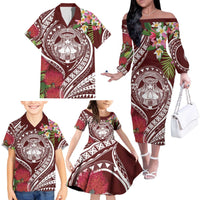 Aloha Hawaii Big Island Family Matching Off The Shoulder Long Sleeve Dress and Hawaiian Shirt Ohia Lehua Wahine