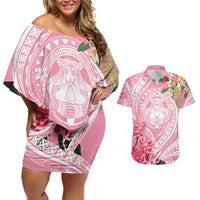 Aloha Hawaii Maui Couples Matching Off Shoulder Short Dress and Hawaiian Shirt Goddess Lokelani Rose