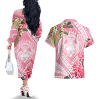 Aloha Hawaii Maui Couples Matching Off The Shoulder Long Sleeve Dress and Hawaiian Shirt Goddess Lokelani Rose