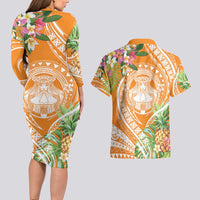 Aloha Hawaii Lanai Couples Matching Long Sleeve Bodycon Dress and Hawaiian Shirt Frangipani Mix Pineapple