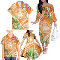 Aloha Hawaii Lanai Family Matching Off The Shoulder Long Sleeve Dress and Hawaiian Shirt Frangipani Mix Pineapple