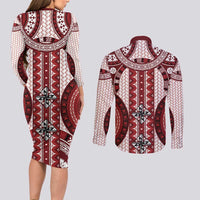 Bula Fiji Vintage Couples Matching Long Sleeve Bodycon Dress and Long Sleeve Button Shirt Scarlet Masi Motifs