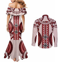 Bula Fiji Vintage Couples Matching Mermaid Dress and Long Sleeve Button Shirt Scarlet Masi Motifs