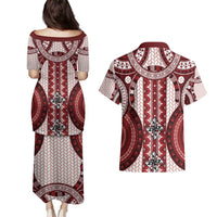 Bula Fiji Vintage Couples Matching Puletasi and Hawaiian Shirt Scarlet Masi Motifs