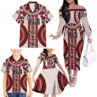 Bula Fiji Vintage Family Matching Off The Shoulder Long Sleeve Dress and Hawaiian Shirt Scarlet Masi Motifs