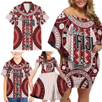 Bula Fiji Vintage Family Matching Off Shoulder Short Dress and Hawaiian Shirt Scarlet Masi Motifs
