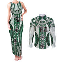 Bula Fiji Vintage Couples Matching Tank Maxi Dress and Long Sleeve Button Shirt Phthalo Green Masi Motifs