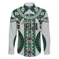 Bula Fiji Vintage Family Matching Off The Shoulder Long Sleeve Dress and Hawaiian Shirt Phthalo Green Masi Motifs