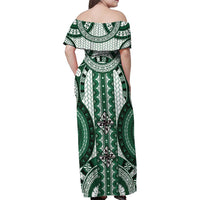 Bula Fiji Vintage Family Matching Off Shoulder Maxi Dress and Hawaiian Shirt Phthalo Green Masi Motifs
