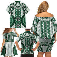 Bula Fiji Vintage Family Matching Off Shoulder Short Dress and Hawaiian Shirt Phthalo Green Masi Motifs