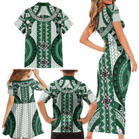 Bula Fiji Vintage Family Matching Short Sleeve Bodycon Dress and Hawaiian Shirt Phthalo Green Masi Motifs