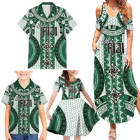 Bula Fiji Vintage Family Matching Summer Maxi Dress and Hawaiian Shirt Phthalo Green Masi Motifs