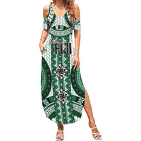 Bula Fiji Vintage Family Matching Summer Maxi Dress and Hawaiian Shirt Phthalo Green Masi Motifs