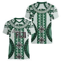 Bula Fiji Vintage Women V-Neck T-Shirt Phthalo Green Masi Motifs