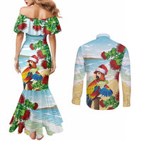 Have A Very Beach Christmas Couples Matching Mermaid Dress and Long Sleeve Button Shirt Parrot By Lehua Flower - Polynesian Pride