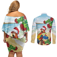 Have A Very Beach Christmas Couples Matching Off Shoulder Short Dress and Long Sleeve Button Shirt Parrot By Lehua Flower LT7 - Polynesian Pride