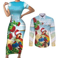 Have A Very Beach Christmas Couples Matching Short Sleeve Bodycon Dress and Long Sleeve Button Shirt Parrot By Lehua Flower LT7 Art - Polynesian Pride