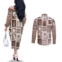 Hawaii Christmas Retro Patchwork Couples Matching Off The Shoulder Long Sleeve Dress and Long Sleeve Button Shirt Brown LT7 - Polynesian Pride