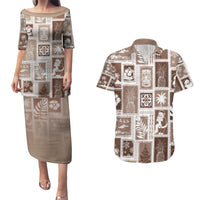 Hawaii Christmas Retro Patchwork Couples Matching Puletasi Dress and Hawaiian Shirt Brown LT7 Brown - Polynesian Pride