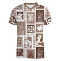 Hawaii Christmas Retro Patchwork Women V Neck T Shirt Brown LT7 Female Brown - Polynesian Pride