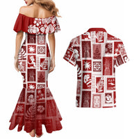 Hawaii Christmas Retro Patchwork Couples Matching Mermaid Dress and Hawaiian Shirt Red LT7 - Polynesian Pride