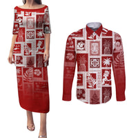 Hawaii Christmas Retro Patchwork Couples Matching Puletasi Dress and Long Sleeve Button Shirt Red LT7 Red - Polynesian Pride